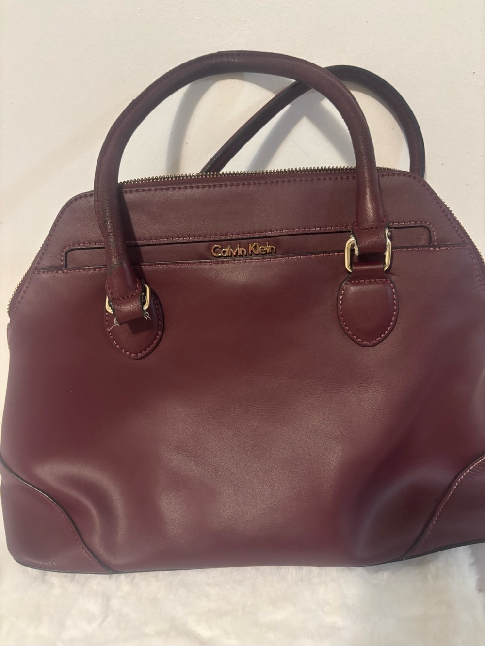 Calvin Klein Wine Leather Satchel with Top Handles